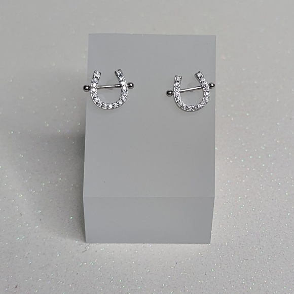 Horseshoe Shaped Silver Rhinestone Stud Earrings - Picture 3 of 6